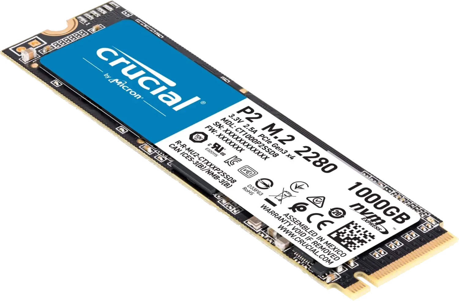 Crucial P2 CT1000P2SSD8 SSD Interno, 1TB, fino a 2400MB/s, 3D NAND, NVMe, PCIe, M.2